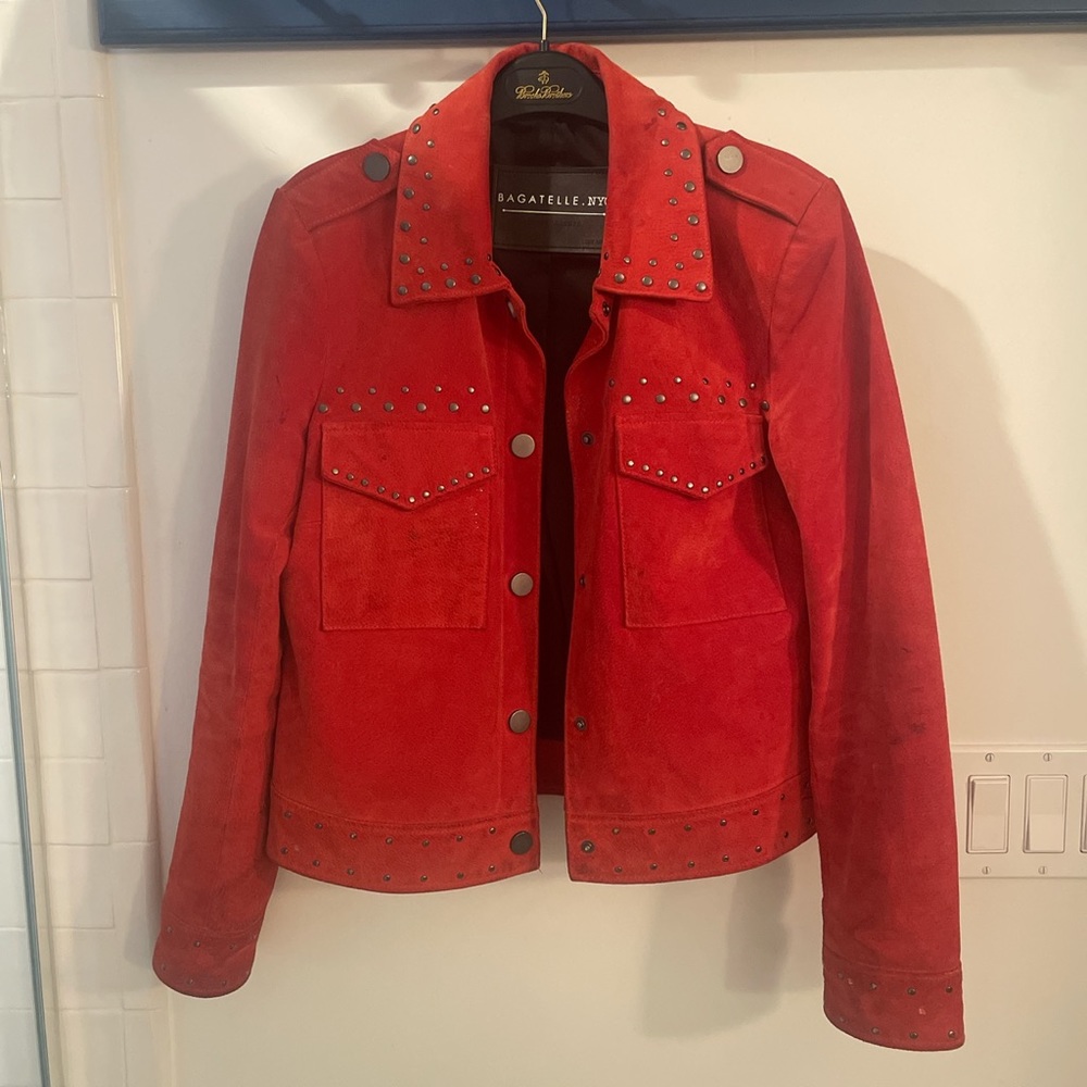 BAGATELLE NYC RED SUEDE STUDDED LEATHER JACKET